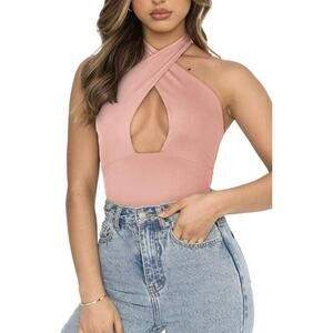 Women's Pink Criss Cross Halter Top Bodysuit